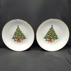 Jamestown China Christmas Tree Soup Cereal Bowl with Gold Trim 7 5" Set of 2